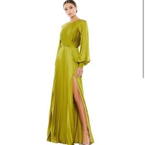 Mac Duggal 26590 Chartreuse Green Pleated High Neck Blouson Sleeve Dress Gown